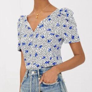 Maje Paris Gathered Crepe Top Pensées Blanc Parme White Floral Size 1/S